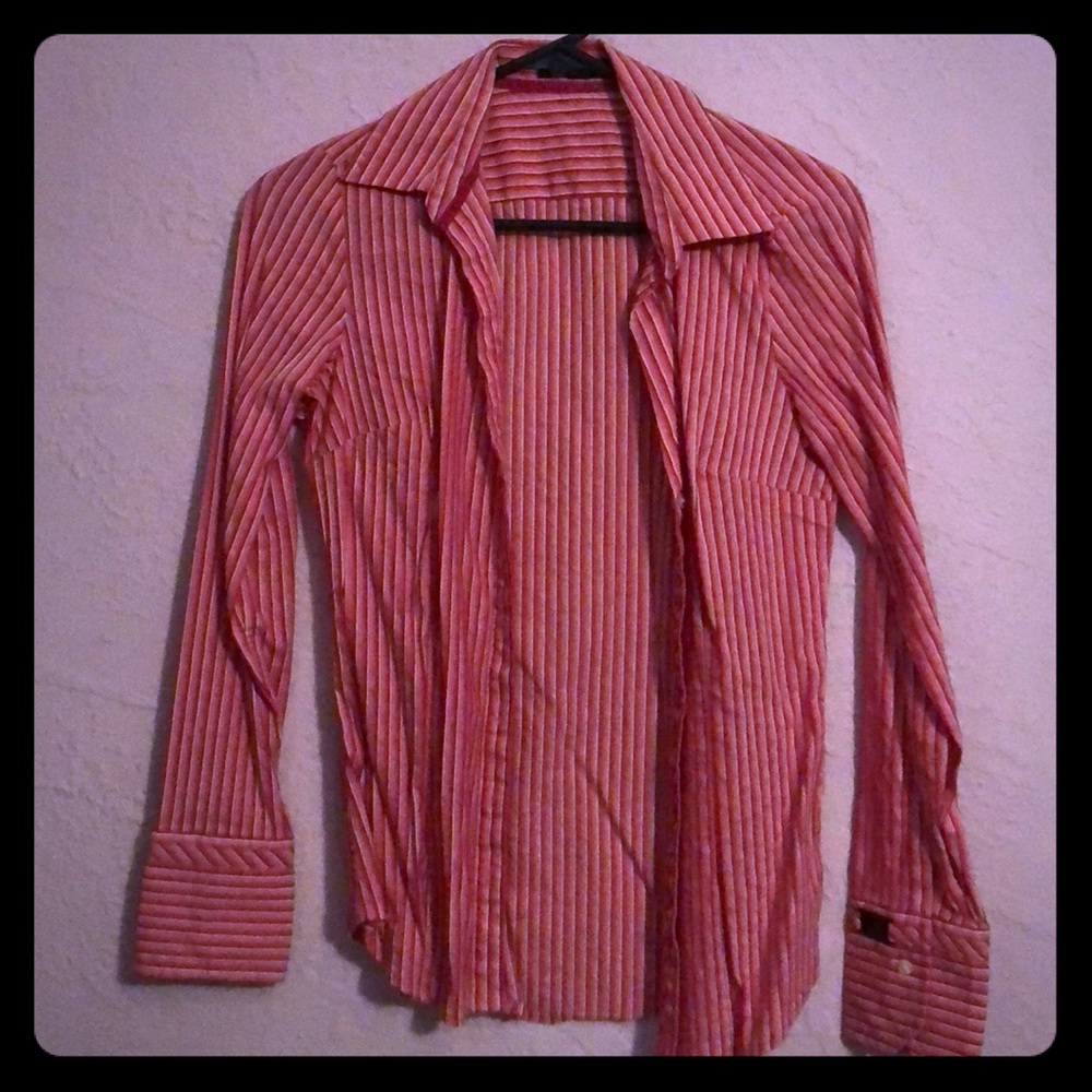 Pink and white striped Express button up top.